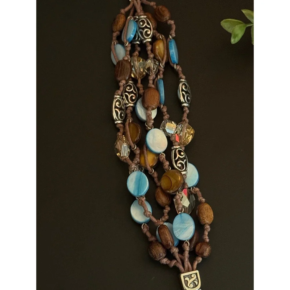 Brighton Multi Strand Beaded Bracelet Blue Shell Wood Crystal Silver Tone 7-8